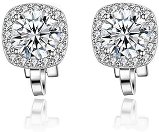 Square Halo Cubic Zirconia Paved Clip On Fake Stud Earrings for Women Girls No Piercing Ear White Gold Plated CZ Diamond Cut Cushion Fashion Huggie Wedding Bridal Gifts 10mm
