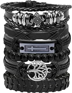 Leather Bracelets Black PU Braided Bracelet Set Metal Beads Cuff Bracelet for Men 6pcs
