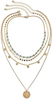 No-Clasp Copper Link Chain Turquoise Coin Pearl Adjustable Necklace for Women and Girls - Evil Eye Metal Pendant Beach Bohemia Style