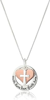 "Faith Hope Love" Two-Tone Sterling Silver & Rose Gold Pendant Necklace with Box Chain & Spring Ring Clasp, 18 Inches