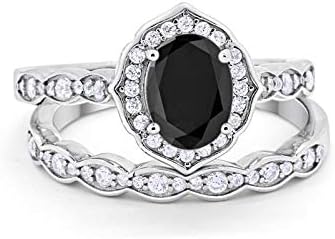 Blue Apple Co. Two Piece Art Deco Vintage Style Wedding Engagement Bridal Set Ring Band 925 Sterling Silver Oval Round CZ