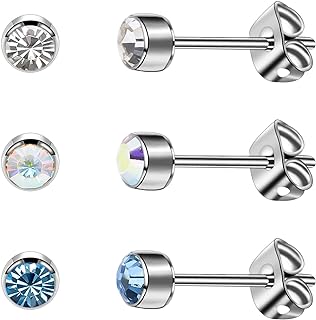 3 Pairs Women's Stud Earrings Solid Titanium Girls Earrings Hypoallergenic Crystal Nickel Free Men's Earrings 4mm/5mm Silver/Black/Rose Gold/Gold Plated Earrings