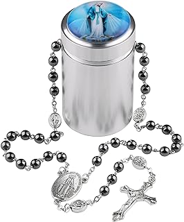 6mm Black Hematite Stone Beads Miraculous, Lourdes, Guadalupe, St.Michael, Scared Heart Jesus Catholic Rosary Necklace with Metal Gift Box for Men and Women