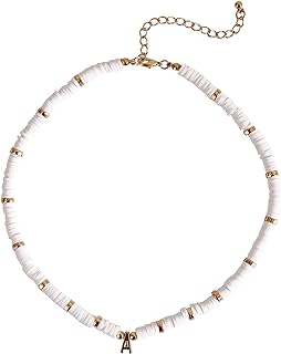 White Clay Beads Choker Necklace for Women, Clay Beads 18K Gold Initial Necklace for Women Handmade Gold Letter Necklace Personalized for Women Girls