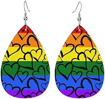 Rainbow Background Hearts Teardrop Dangle Earrings Lightweight Faux Leather Drop Dangle Earrings Fashion Tear Drop Earrings Set for Women Teen Girls Jewelry Gift