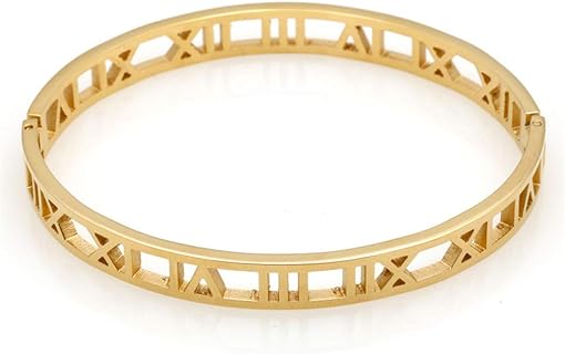 Unisex Roman Numeral Series Hollow Carved Titanium Bangle Bracelet With Invisible Buckle Clasp