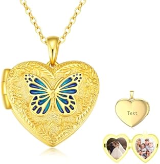 10K 14K 18K Solid Gold Heart Locket Hold Picture Necklace Personalized Heart/Butterfly/Hummingbird/Sunflower/Elephant/Cat Locket Pendant for Women Wife Mother Daughter Grandma Mother's Day Gift