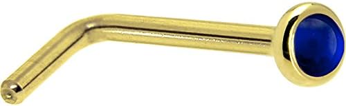 14k Yellow Gold L-Shaped Blue Sapphire Nose Stud for Sophisticated Piercings, Handmade in USA