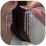 Rhinestone Tassel Earrings for Women Silver Crystal Fringe Earrings Long Tassel Bling Drop Dangle Earrings Front Back Stud Prom Earrings Wedding Party Jewelry Gifts