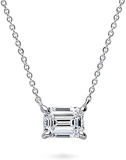 BERRICLE Sterling Silver Solitaire 1.7 Carat Emerald Cut Cubic Zirconia CZ East-West Anniversary Pendant Necklace for Women, Rhodium Plated