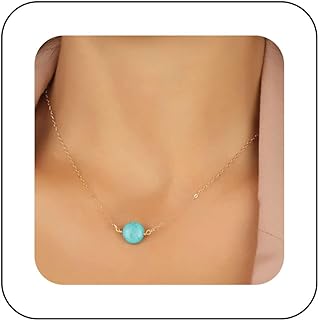 Boho Turquoise Pendant Necklace Gold Round Turquoise Bead Choker Necklace Vintage Turquoise Necklace Choker Minimalist Blue Gem Necklace Jewelry for Women and Girls
