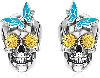 Push Back Sterling Silver Pirate Skull Stud Earrings with Moonstone Accent for Women and Men featuring Unique Butterfly and Daisy Designs