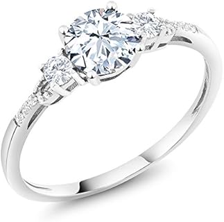 Gem Stone King 10K White Gold 6MM Round Gemstone Birthstone White Created Sapphire & White Diamond Accent 3-Stone Engagement Ring | Three-Stone Wedding Anniversary Promise Ring For Women