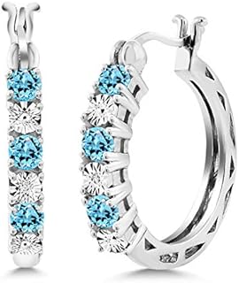 Gem Stone King 22MM Sterling Silver Hoop Earrings with Swiss Blue Topaz and Lab Grown White Diamond Accents - Hinge with Notched Post