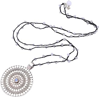 NOVICA Handmade Rainbow Moonstone Beaded Pendant Necklace from Bali .925 Sterling Silver Station Macrame Long Indonesia Bohemian Birthstone 'Pebble Shield'