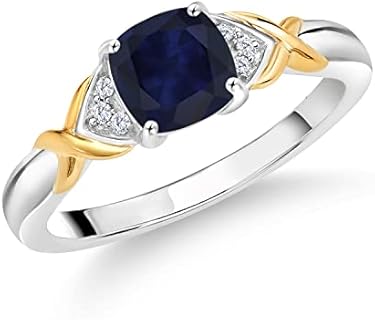 Gem Stone King 925 Silver, 10K Yellow Gold 2-Tone Engagement Ring, Cushion-Cut Blue Sapphire, Lab Grown White Diamonds, 1.33 Cttw, Sizes 5 - 9
