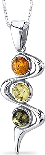 PEORA Genuine Baltic Amber Pendant Necklace and Earrings in Sterling Silver, Three Stone Rich Cognac, Honey and Olive Green Colors