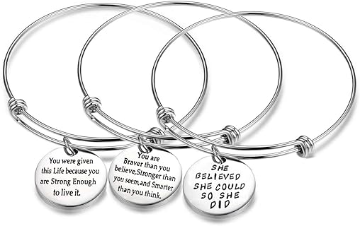 3PCS Stainless Steel Inspirational Charm Bracelets Jewelry Set Engraved Message Motivational Expendable Bangles for Women Girls
