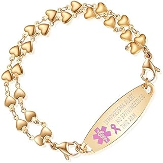 Gold Lobster Claw Clasp Women's Medical Alert Bracelet with No BP/Needles Engraving, Rope Chain Design, Stainless Steel Lymphedema Alert Breast Cancer Awareness Accessory - No Gemstones