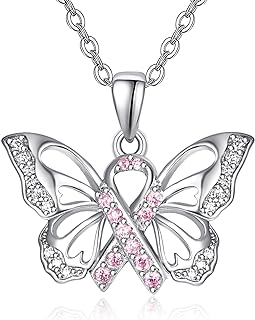 TANGPOET Sterling Silver Breast Cancer Awareness Necklace with Rolo Chain and Box Clasp, Butterfly Pendant with Pink Cubic Zirconia, Women's Survivor Jewelry Gift with 20" Chain Length