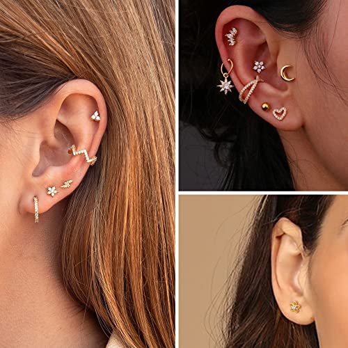 Small Gold Stud Earrings 6 Pairs Cute Stud Earrings for Women Cubic Zirconia Earrings Studs 14k Gold Plated Heart Stud Earrings for Girls Hypoallergenic Stud Earrings Pack