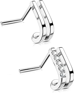 OUFER 2PCS Nose Studs, Stainless Steel 20G Nose Rings L-Shaped Clear CZ Nose Rings Studs, Nostril Piercing Jewelry for Women and Men
