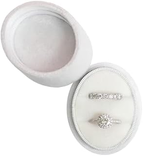 BLUTETE Velvet Oval Wedding Ring Box in White for Men and Women, 2 Slots Design, Perfect for Engagements or Weddings