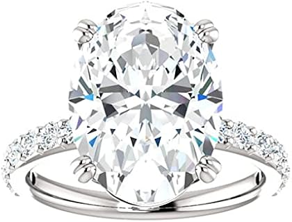 Riya Gems 7 Carat Oval Diamond Moissanite Engagement Ring Wedding Ring Eternity Band Vintage Solitaire Halo Hidden Prong Setting Silver Jewelry Anniversary Promise Ring Gift