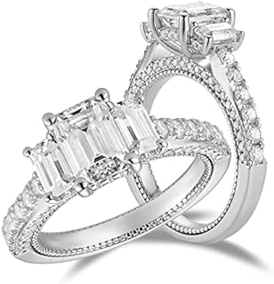 DovEggs 2ct Emerald Cut Moissanite 3-Stone Vintage Engagement Ring, 14k Gold-Quality Sterling Silver, Size 5.5 for Women