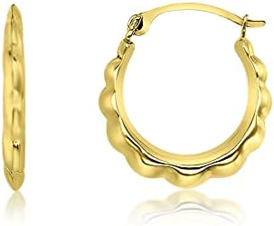 14K Yellow Gold 2x15mm Small Polished or Textured Diamond Cut Lightweight Flower Design Hoop Earrings