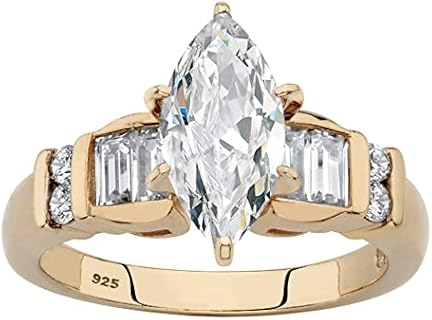 PalmBeach Yellow Gold-Plated or Platinum-Plated Sterling Silver Marquise Cut Cubic Zirconia and Baguette Bridal Engagement Ring