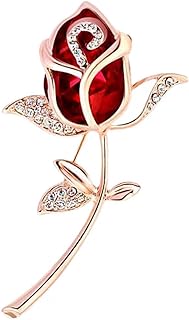 Rhinestone Red Rose Leaf Brooch Pin for Women Girls Gold Plated Fashion Crystal Flower Brooches Lapel Pins Art Deco Dress Accessories Birthday Party Valentine Mother's Day Jewelry Gift