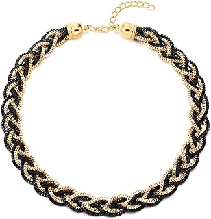 COOLSTEELANDBEYOND Gold Black Statement Necklace, Braided Hollow Box Chain Cable Bib Choker Collar, Dress Prom