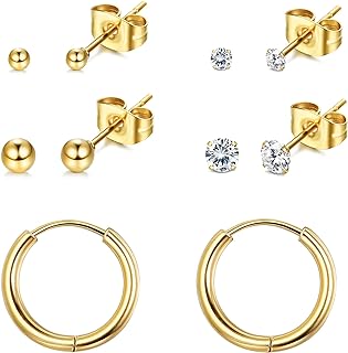 Push Back G23 Titanium Stud Earrings with Hypoallergenic Cubic Zirconia in Hoop Design for Male and Female, 5 Pairs Fasacco Set