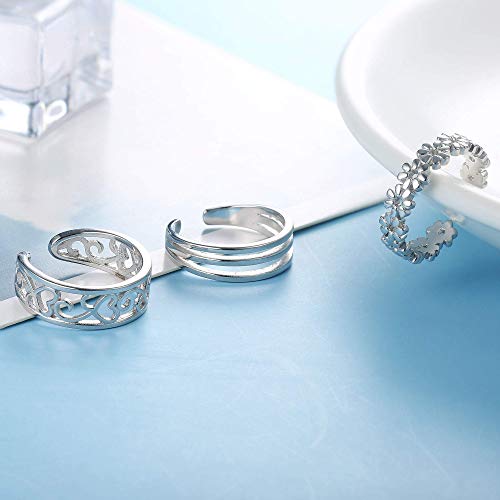 3Pcs 925 Sterling Silver Toe Rings for Women 18K White Gold Plated Daisy Cubic Zirconia Cuff Band Open Toe Rings Adjustable Toe Rings Summer Beach Foot Jewelry