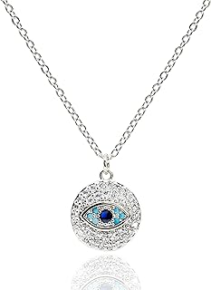 Blue Evil Eye Medallion Pendant Necklace with Cable Chain and Lobster Clasp, Adorned with Cubic Zirconia Gems, for Women, Round Eye Design
