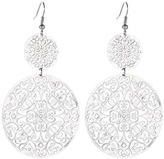 KaFu Delicate Filigree Disc Drop Earrings Double Round Disc Statement Earrings Bohemia Metallic Disc Dangle Hook Earrings for Women Girls