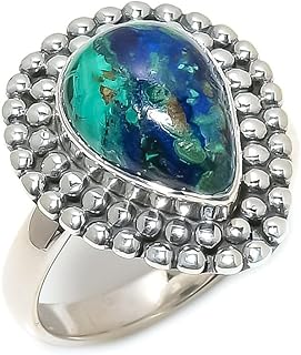 Adjustable 925 Sterling Silver Ring with Pear-shaped Azurite Malachite Stone for Women - Handcrafted Statement Gift Jewelry