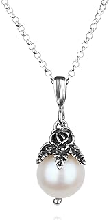 Lobster Clasp Sterling Silver Pearl Pendant Necklace with Rolo Link Chain and Round White Freshwater Pearl - Handcrafted Floral Design - Perfect Gift for Women