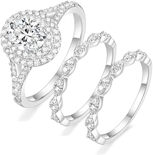 TIGRADE 1.5CT Bridal Ring Sets Oval Cut Cubic Zirconia Wedding Band Halo CZ Engagement for Women Size 3.5-12