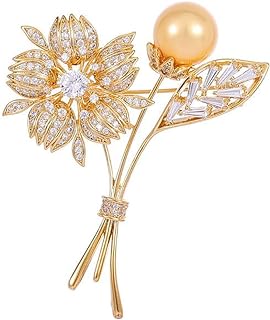 14K Yellow Gold Pin Clasp Crystal Flower Brooch with Pearl Accents - Elegant Floral Design Jewelry