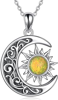 Sun and Moon Necklace S925 Sterling Silver Opal/Lapis Crescent Moon Star Pendant Sun and Moon Jewelry Gift for Women Teens Girls