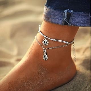 Pineapple Layered Anklet Bracelet Sunflower Beaded Anklets Silver Pineapple Pendant Anklet Foot Jewelry for Women and Girls
