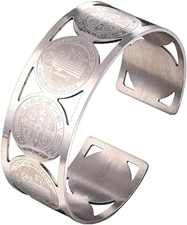 Vintage U7 Unisex Stainless Steel 18K Gold Plated Christian Bracelet, Saint Benedict Medal Rosary Bracelet with Box Chain Design