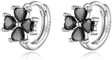 925 Sterling Silver Cubic Zirconia Clover Hoop Earrings with Hinged Hoop Back for Women and Girls, Black Flower Huggie Design