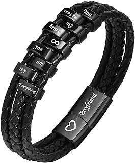 Hisatan Custom Mens Bracelet 1-9 Names Beads, Personalized Genuine Braided Leather ID Bracelets for Dad Son Husband Boyfriend Brother Grandson Grandpa Uncle Nephew for Fathers Day Birthday Anniversary