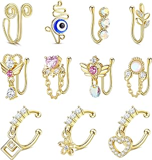 Sundurich 11Pcs Non-Piercing Nose Ring Cuff Set with Cubic Zirconia Gem for Women, Adjustable Faux Clip-on Dangling Design in Stainless Steel