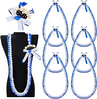XunYee 6 Pcs 70'' Hawaii Kukui Nut Lei Bead Necklace Graduation Ribbon Lei Braided Necklace Grad Gift Party Acc for Women Men