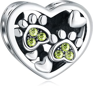 Cubic Zirconia Embellished Sterling Silver Dog Charm Bracelet With Pawprint Heart Bead Design - Perfect Gift for Moms, Kids, Best Friends and Pet Lovers