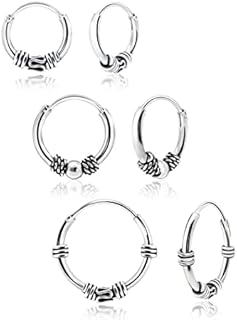 Endless-Clasp Sterling Silver Hoop Earrings with Balinese Beading for Men & Women - 10mm, 12mm, 14mm Set, 3 Pairs | Silver, Yellow & Rose Gold by Hoops & Loops